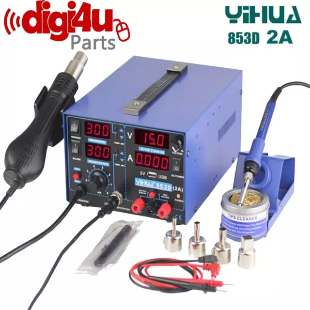 YIHUA 853D 2A 3 in1 USB SMD Soldering Iron Station Rework Welding Hot Air Gun