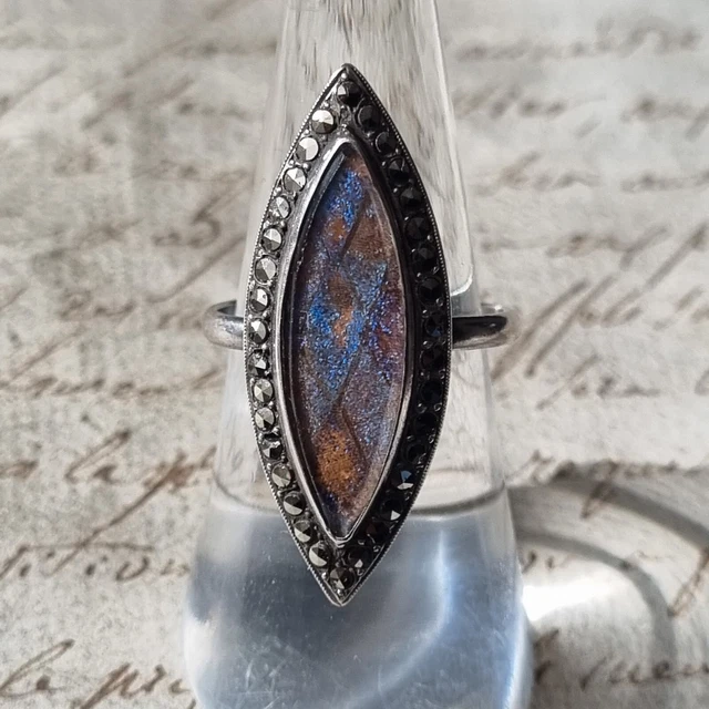Bague Ancienne Marquise Argent Et Strass Vert – Taille 52 (N°28)