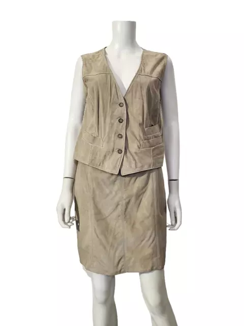 Completo Tailleur Donna Giacca Gilet Gonna Camoscio Beige Chiaro Taglia 44 48