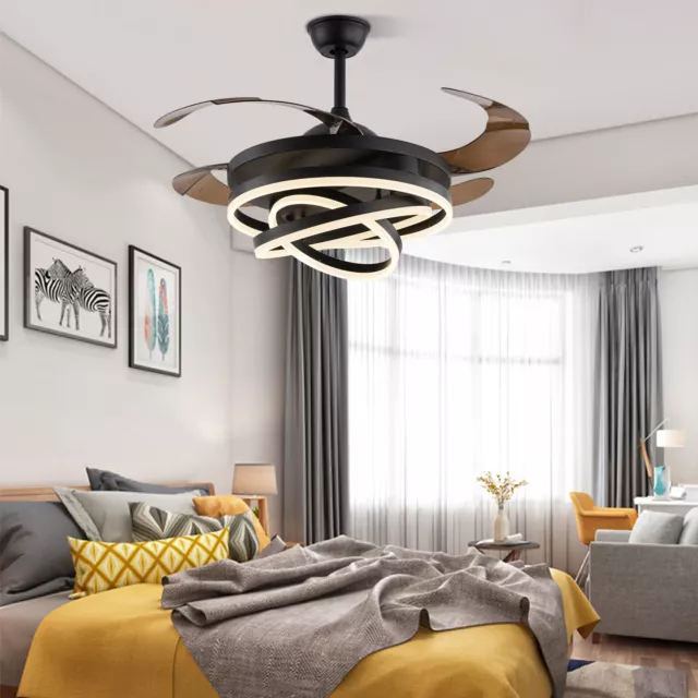 42"Modern LED Ceiling Fan Light 3-Color 4 Retractable Blades Chandelier W/Remote