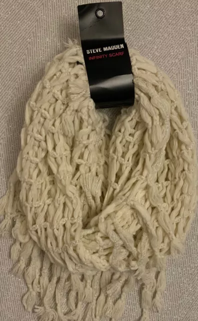 STEVE MADDEN Infinity Scarf Ivory Beige Cream Off-white Sparkle Knit Fringe NEW