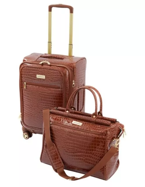 Samantha Brown 22" Croco Embossed Spinner Luggage & Dowel Bag Set-Chestnut-NWT