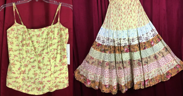 S NWT Luna Luz Floral Patchwork Roses Fiesta Skirt Cami Summer Set Dress