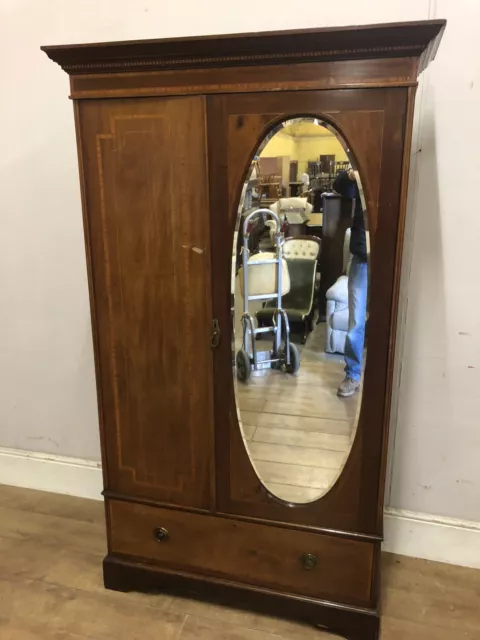 Vintage Mahogany Inlaid Mirrored Door Wardrobe With Drawer Below