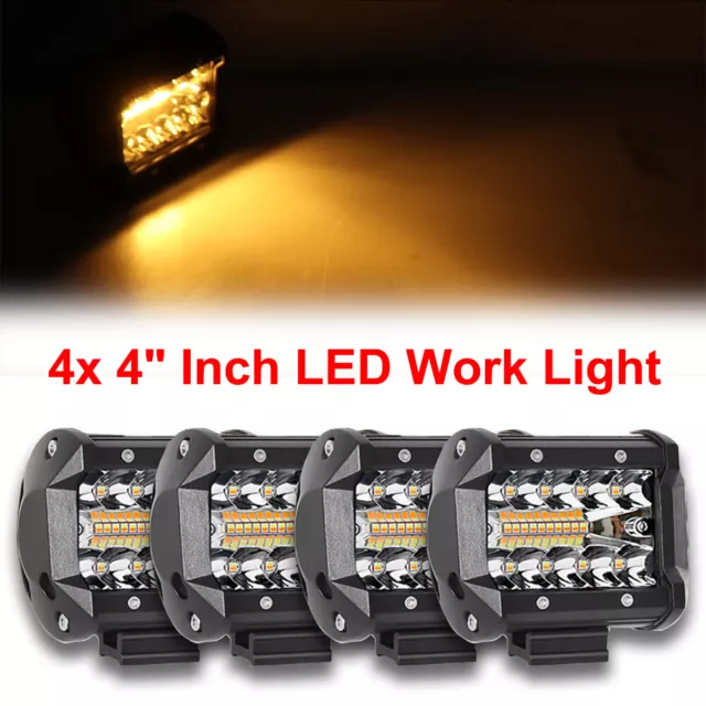 4x 4" Inch LED Work Light Bar Pod Spot Combo Amber White Strobe Offroad ATV SUV