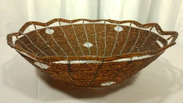 African Basket Handcrafted Woven Seed Beads Wire Basket Bowl Brown White