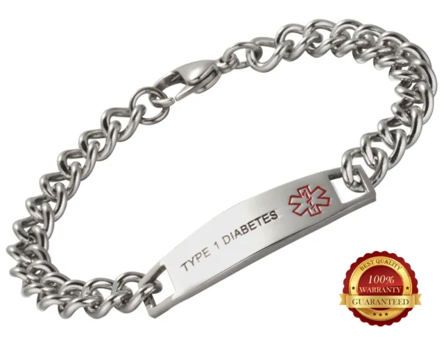 Type 1 Diabetes Stainless Steel Health Bracelet Medical Alert ID Engraved Chain
