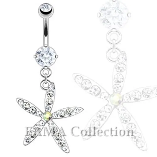 FAMA Starfish Flower with Multi CZ Dangle Navel Belly Ring 316L Surgical Steel