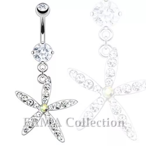 FAMA Starfish Flower with Multi CZ Dangle Navel Belly Ring 316L Surgical Steel