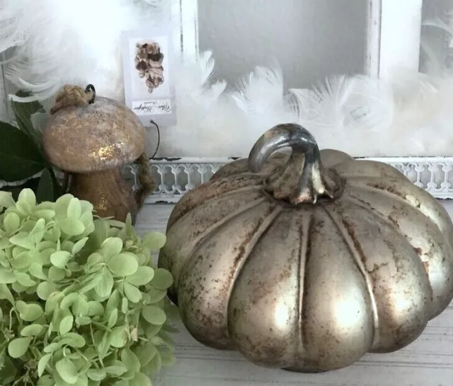 Großer Kürbis Glas, Glaskürbis Gold Shabby, Tischdeko Herbst Herbstdeko, 14 cm