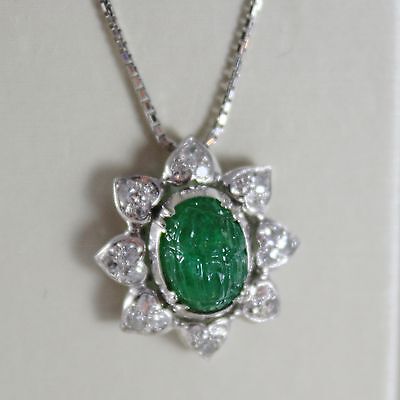 18K White Gold Flower Sun Diamonds Carved Emerald Pendant Necklace Art Deco