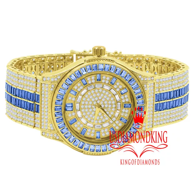 Blue Sapphire Baguette/Round Simulated Diamond 18K Gold Finish Custom Band Watch