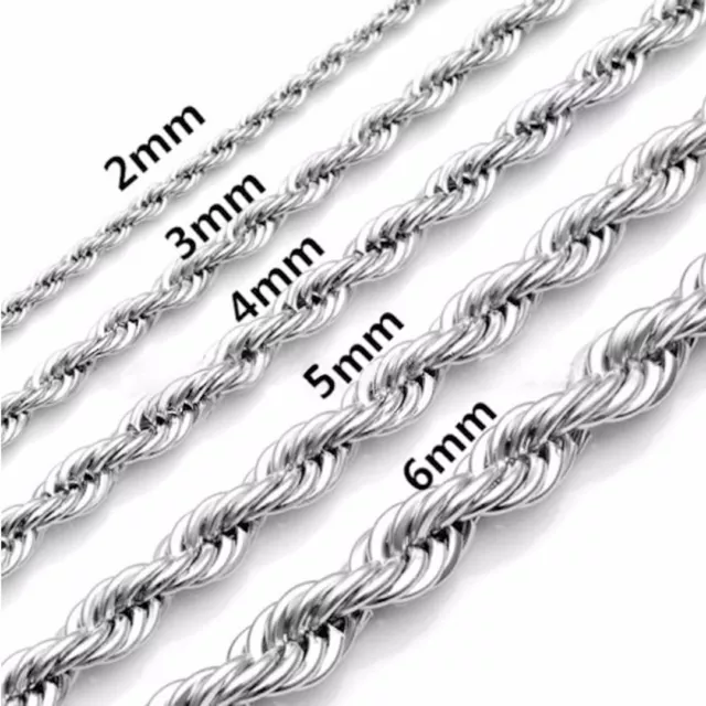 2-4mm Men Womens 316L Stainless Steel Silver Curb Link Rope Chain Necklace Gift