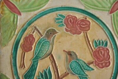 Vintage Love Birds Picture Embossed Ceramic Tile,Japan 3
