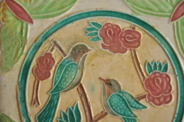 Vintage Love Birds Picture Embossed Ceramic Tile,Japan 3