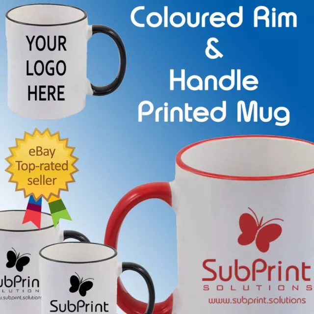 Bulk Printed Business Logo Colour Rim & Handle Branded Mug Personalised Mug