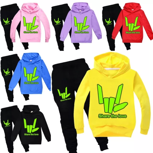 Kids Boys Share the love Green Print Tracksuit Set Hoodie Jumper Tops Pants Suit