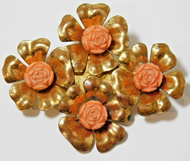 Broche Vintage Fine En Or Avec Fleurs Et Corail Véritable - Modèle Doré - Réf. 4309 - Occasion