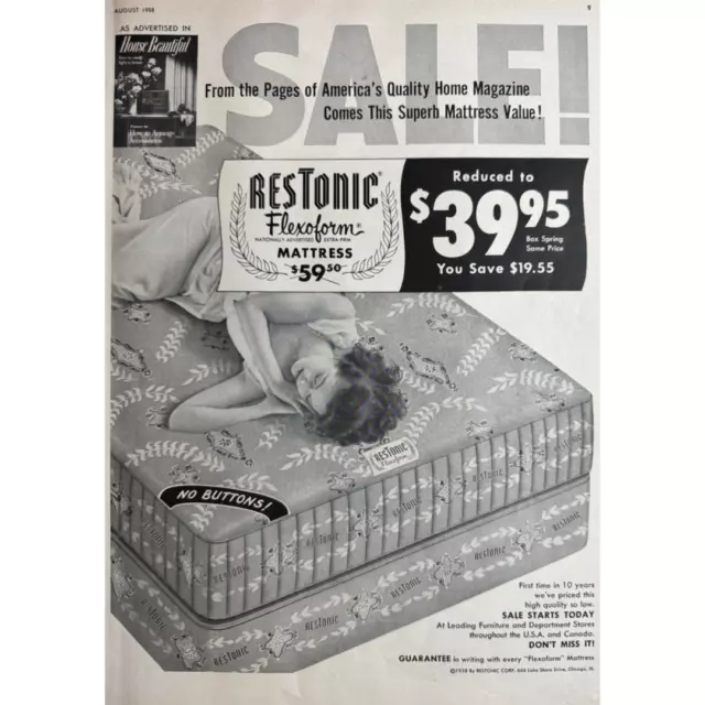 Restonic Flexoform Mattress Print Ad (8/1958) Ephemera: Vintage Mattress Ad