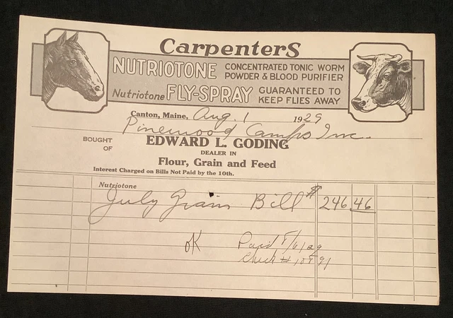 Vintage Billhead 1920S Horse Cattle Fly Spray Canton Maine ME Ephemera