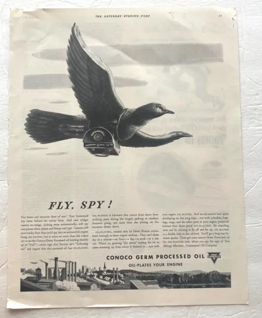 Conoco Oil Vintage Print Ad Germ Processed Oil Bird Flying 1939 10.5x13.5 IN