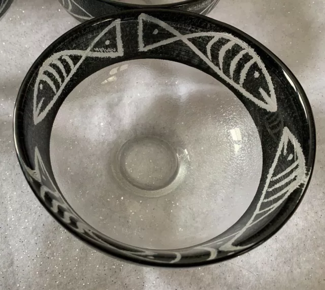 Kosta Boda Ulrica Hydman Signed Hand Painted Glass Bowl Caramba Black Clear Fish