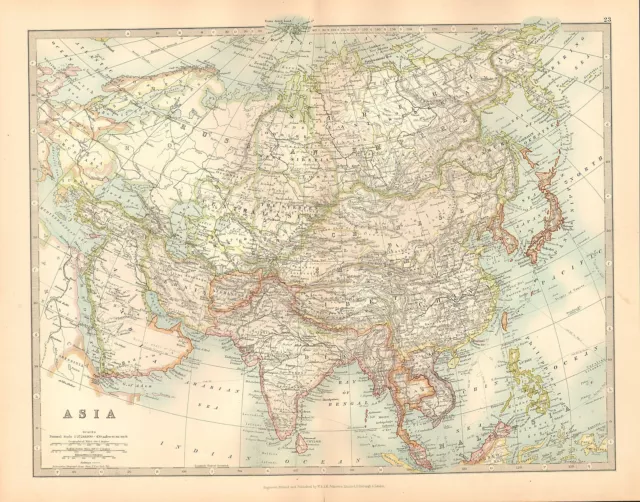 1911 Large Victorian Map ~ Asia India Arabia Tibet Chinese Empire Siberia Japan