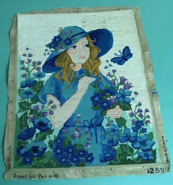 Vintage FRANCE - Grande Tapisserie Canevas fait-main à l'aiguille