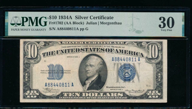 AC 1934A $10 Silver Certificate PMG 30 Fr 1702