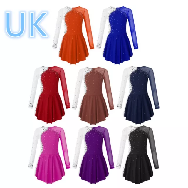 UK Girls Ice Figure Skating Dress Ballet Dance Leotard Dress Shiny Rhinestone