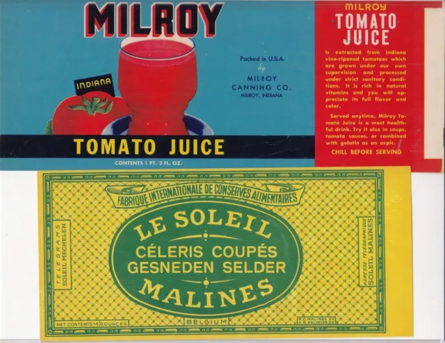 Label vintage LE SOLEIL MALINES et étiquette jus de tomate Milroy / q2