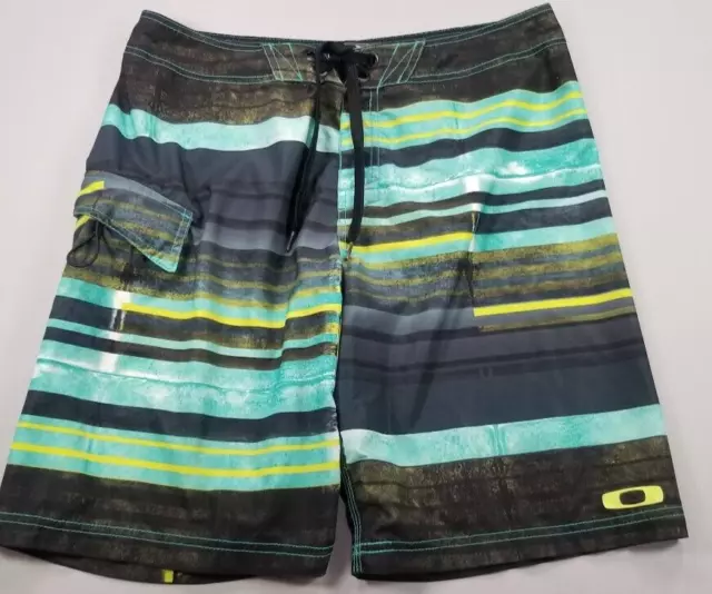 Oakley Mens Board Shorts 36 Swim Surf Stretch Striped Black Blue Logo Beach