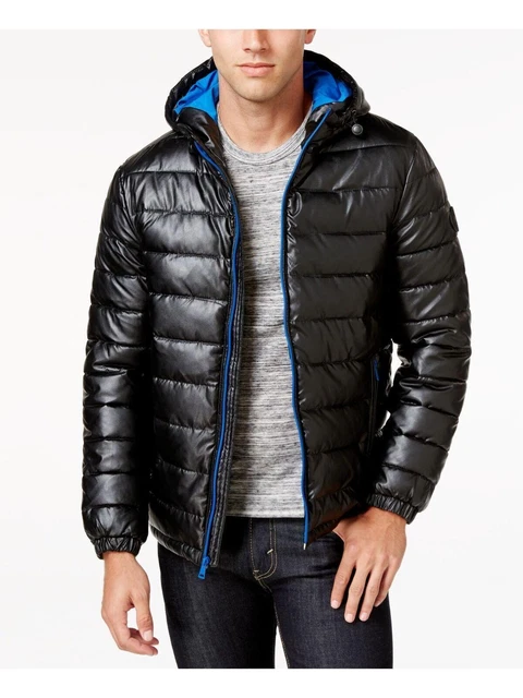 Cole Haan Men's Quilted Faux Leather Puffer Jacket Black/Blue Medium NWT