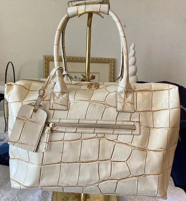 Dooney Bourke Bone Cream Nile Croco Embossed Leather Duffle Travel Weekender XL