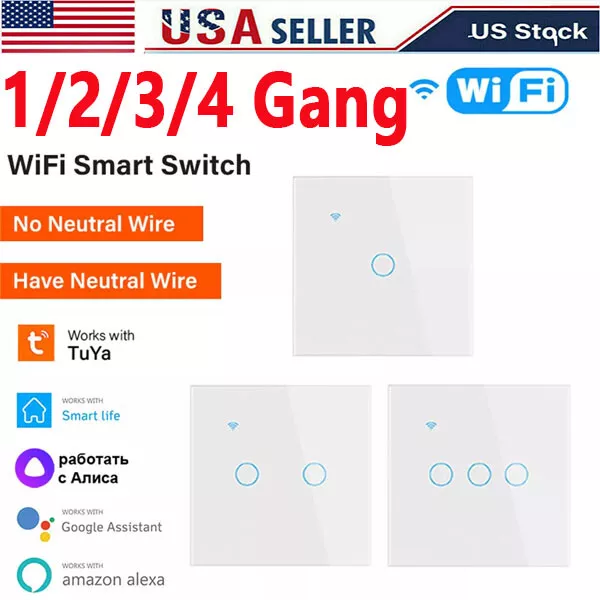 1/2/3/4 Gang WiFi Smart Wall Touch Light Switch Glass Panel For Alexa/Google APP