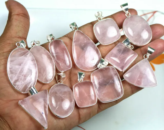 200 Pièces Lot AAA Qualité Rose Quartz Gemme .925 Plaqué Argent Chaton Pendentif