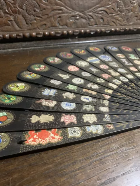 Antique Folk Art Fan - Late 19th Century Ebony Wood Fan With Armorial Crests