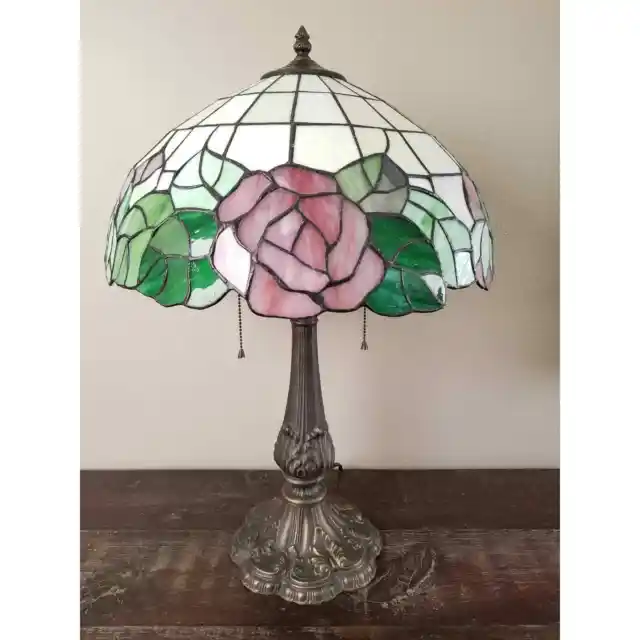 Large Stained Glass Lampshade with Pink Roses Pastel Tiffany Style w/Ornate Base