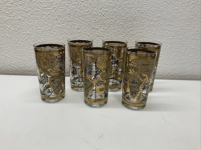 Lot Of 6 CERA Glassware 22K Gold Old World MAPS Highball Glass MCM
