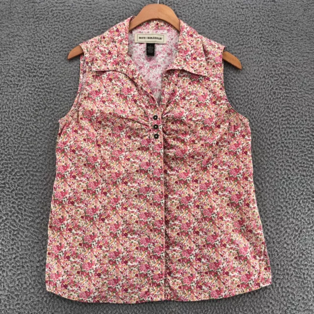 Bit & Bridle Shirt Womens Small Pink Floral Sleeveless Button Up Collar Ruched