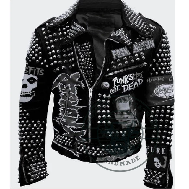 Men's Brando Notch Lapel Punk Studded Leather Jacket - Genuine Black Sheepskin, Motorbike Rider Style