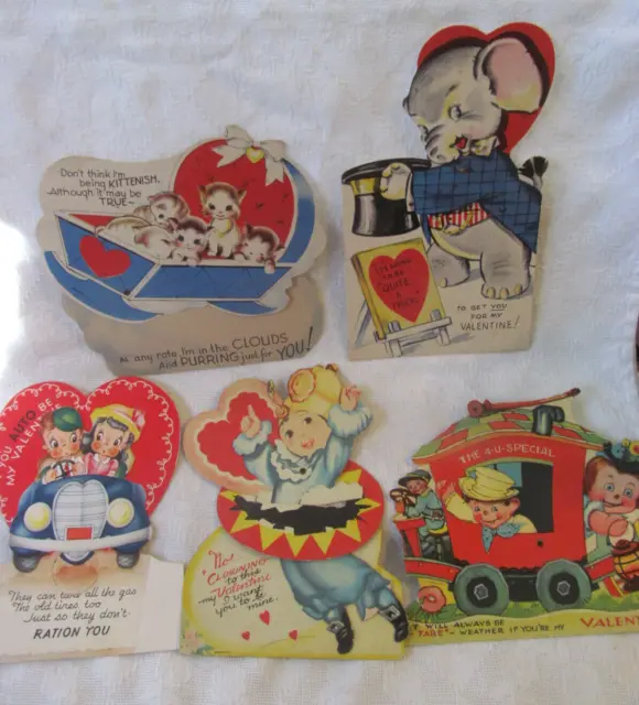 FUN Lot of 5~Vintage Mechanical Moving Valentines Day Cards~Kittens~Car~Elephant