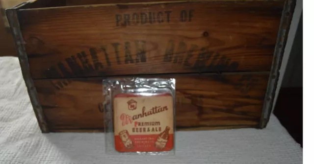 Prohibition Era Al Capone Owned Manhattan Brewing Co Wooden Crate +Drink Coaster