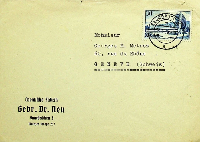 Deutschland Saar 1953 30f Auf Abdeckung Sich Geneve Schweiz