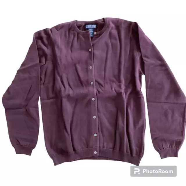 Lands’ End Women's Fine Gauge Cotton Cardigan Sweater, color Plum, size Medium