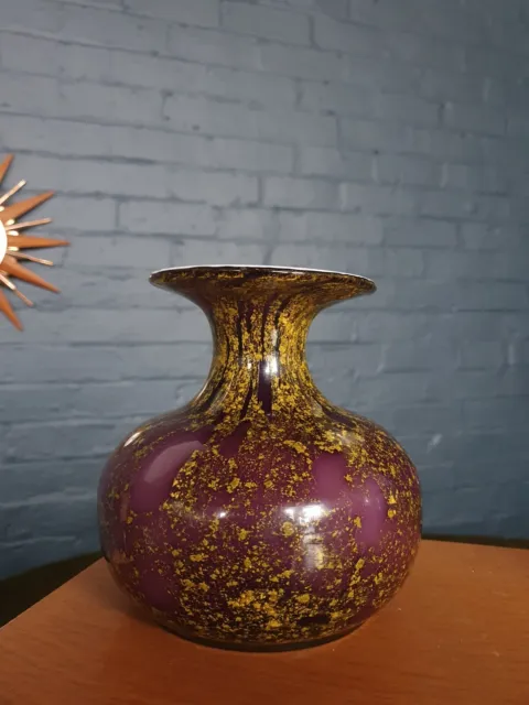 Fab Vintage Gold Inclusion aubergine Purple white cased Art Glass Vase