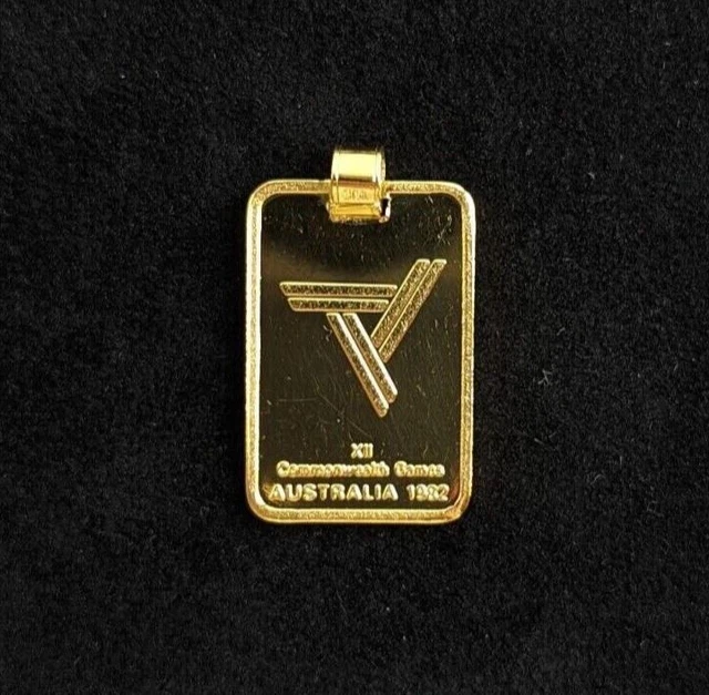 Vintage Fine Silver 999 Bar 1982 Commonwealth Games Ingot Pendant Gold Plated