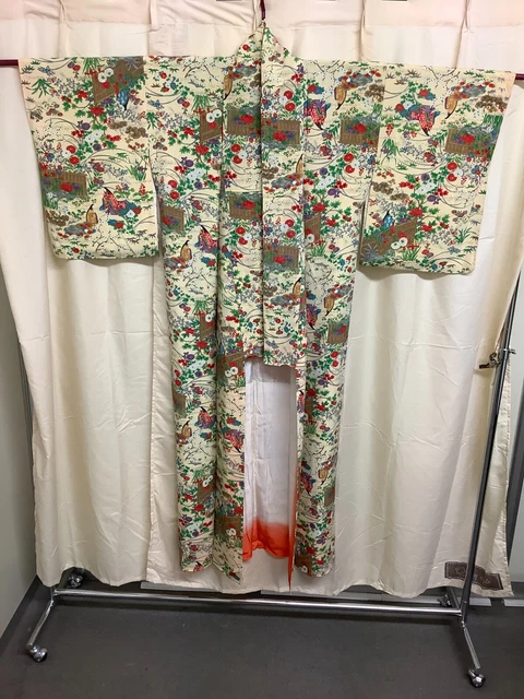 Japanese Vintage Kimono pure silk cream flower tradition length 59.44 inch used