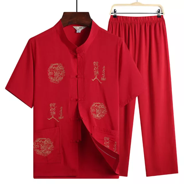 Mens Traditional Chinese Tang Suit T-shirt Pants Set Kung Fu Taichi Uniform New