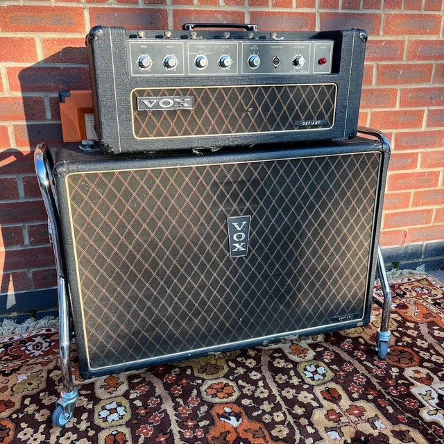 Vintage 1970s Vox Defiant Head & 2×12 Cabinet Guitar Amplifier w/ Pedal & Cover